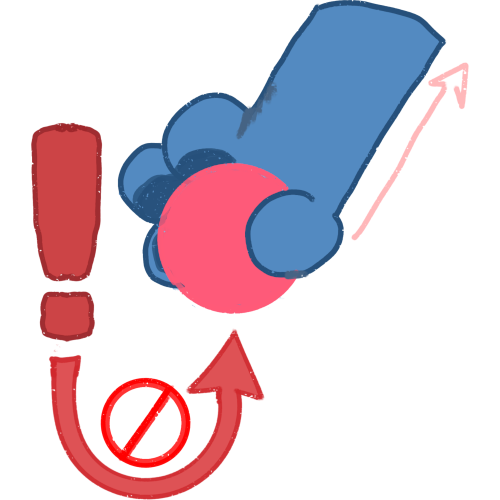  a blue cartoon paw holding a pastel red ball. To the left of the hand is a red exclamation mark. Below the exclamation mark, there's a arrow pointing to the ball with a red prohibition sign over it, indicating something is not allowed.